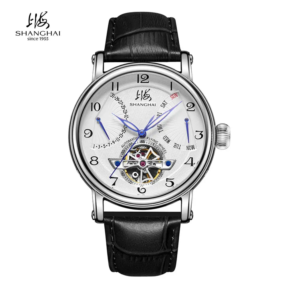 Shanghai 42mm automatic wristwatch with blue hands, silver case and black leather strap