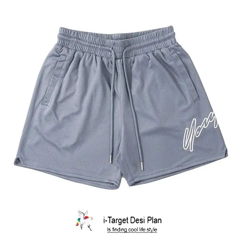 Men's gray mesh beach shorts with drawstring, quick-dry casual gym jogger style