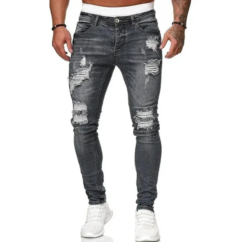 Mens Vintage Ripped Skinny Jeans Street Style Denim Pants Slim Fit