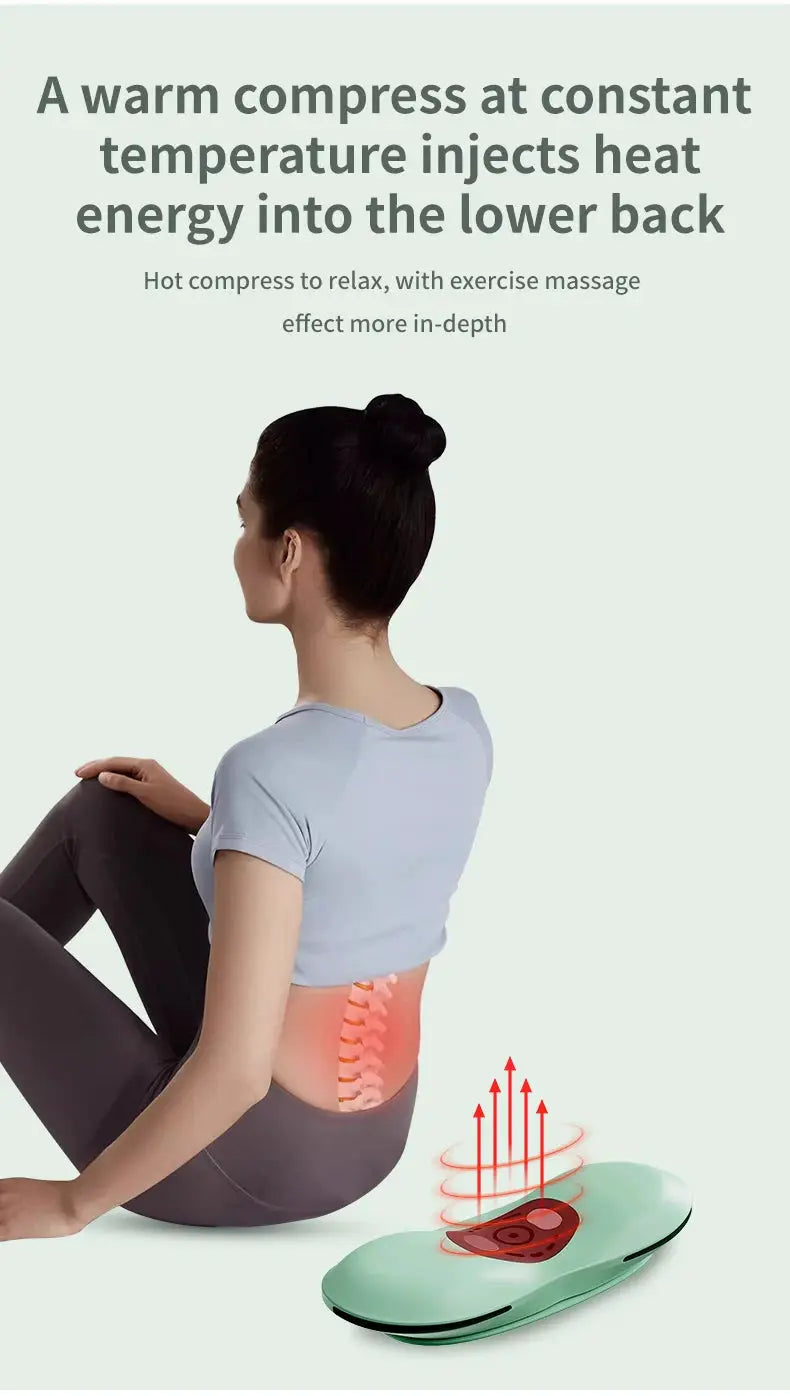 Simples Market waist massager with heat and vibration; green control base shown beside a seated woman.