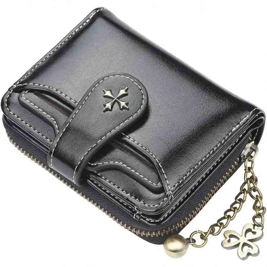 Women’s retro mini black leather wallet by Simples Market with zipper, double-fold design and chain.