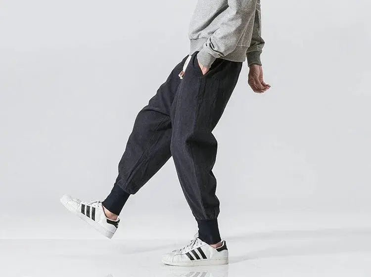 Simples Market cotton linen harem pants for men, dark navy drop-crotch joggers with cuffed ankles
