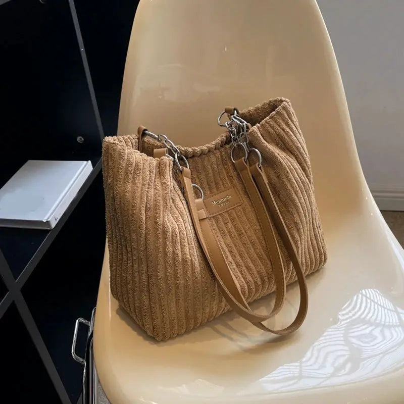 Women corduroy shoulder bag in tan with fixed strap, large capacity, Simples Market