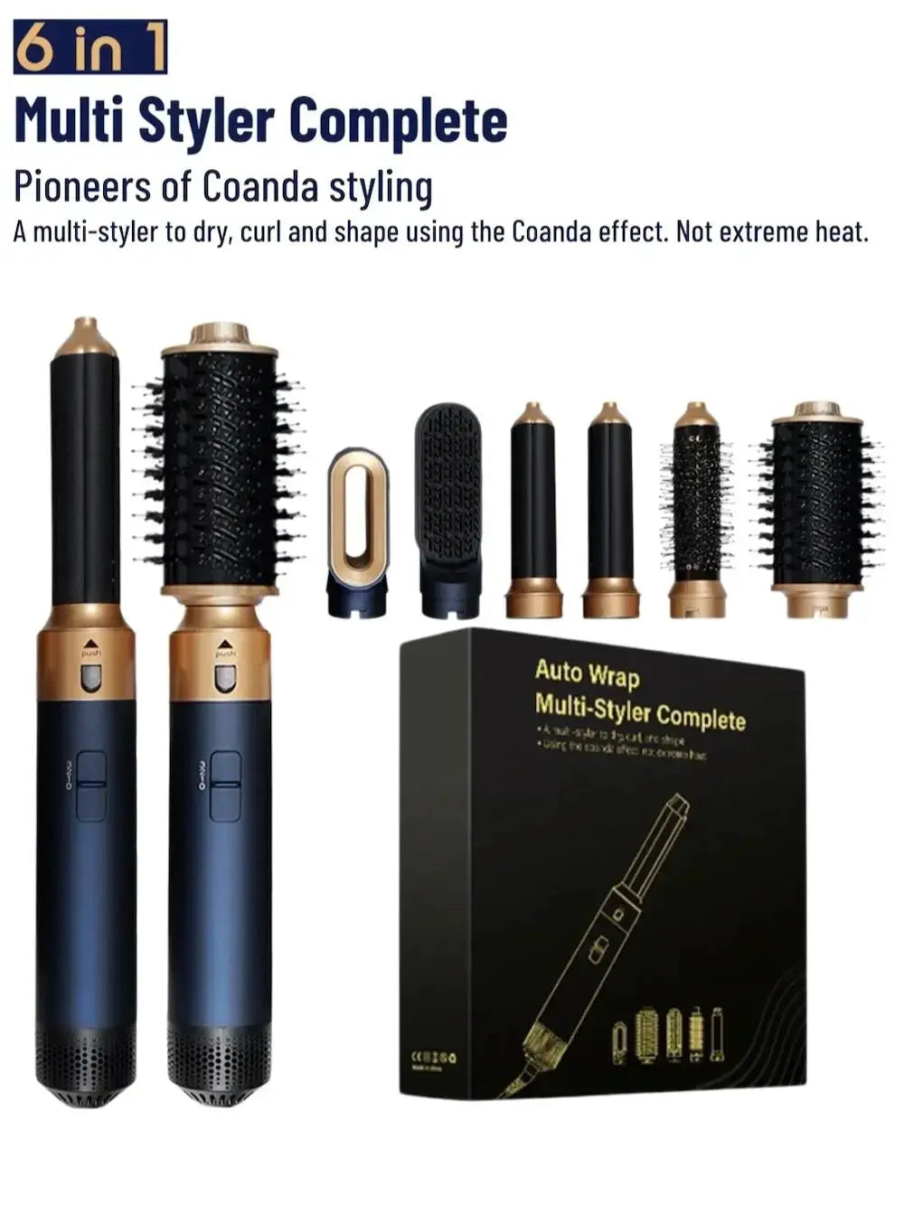 6-in-1 Hair Dryer Multi-Styler with blue and gold body and multiple attachments