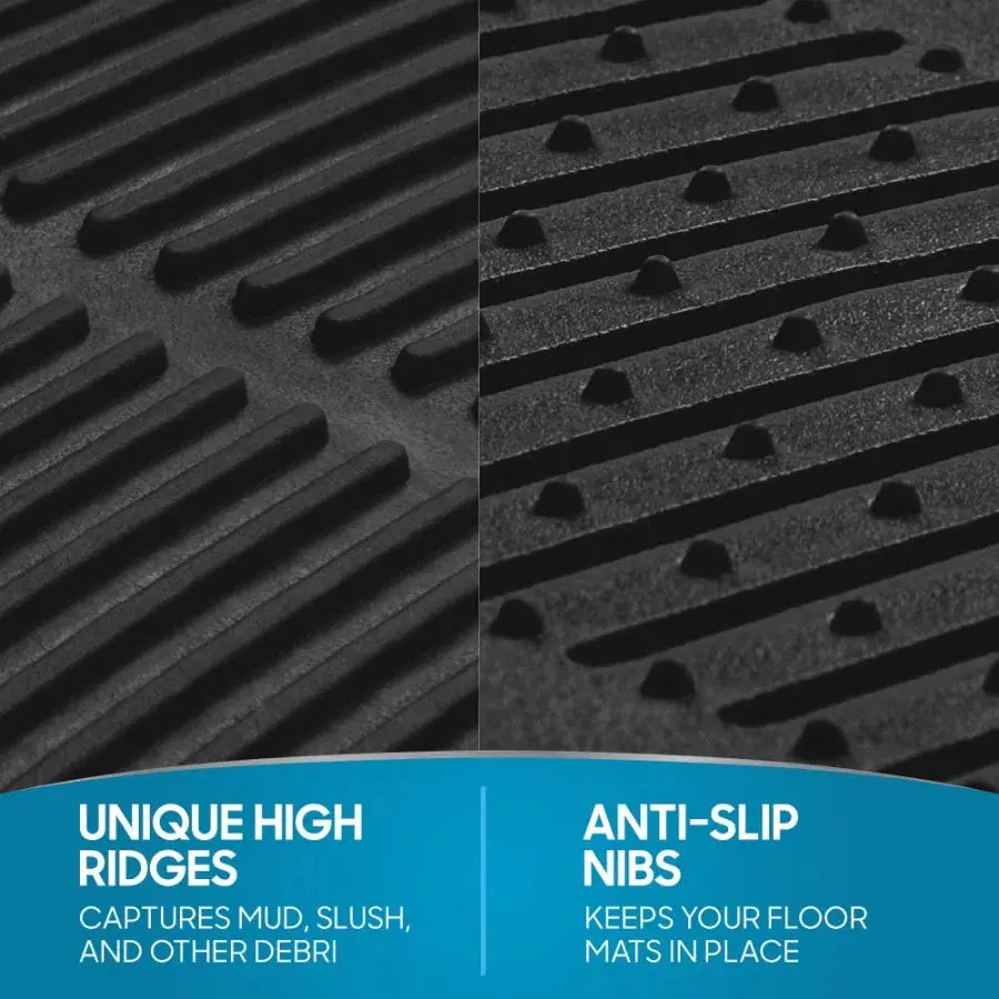 Heavy-duty black rubber car floor mats, 4pc all-weather set from Simples Market with ridges and anti-slip nubs