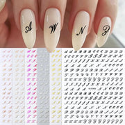 Simples Market 3D Roman letter nail stickers set; gold, silver, black laser alphabet sheets for manicure