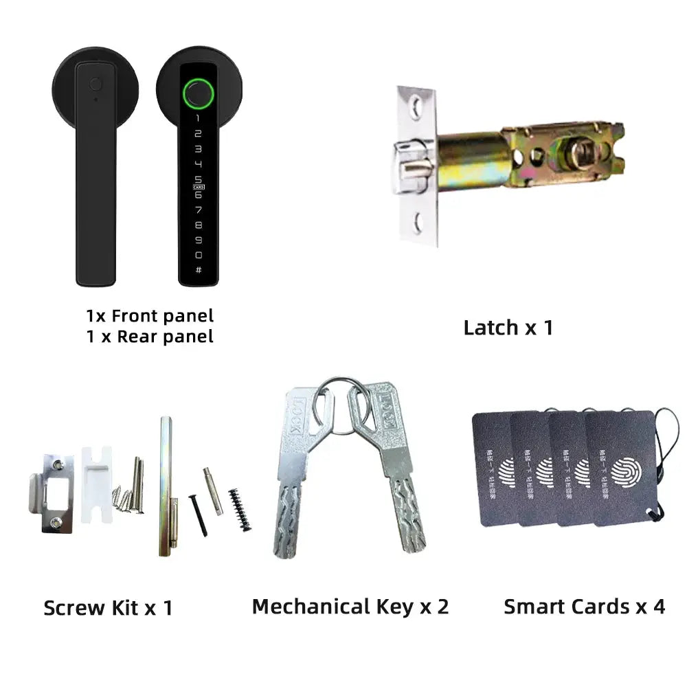 RAYKUBE M5 Tuya BLE fingerprint door lock Simples Market; includes panels, latch, screw kit, 2 keys, 4 smart cards