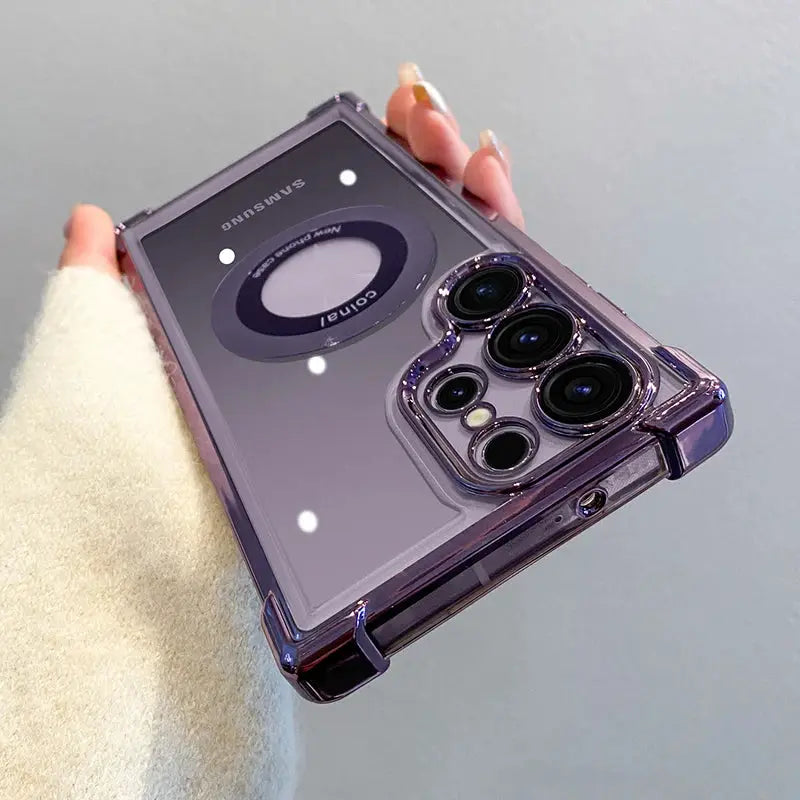 Magnetic wireless charging case with purple plating and clear lens protection cover for Samsung Galaxy