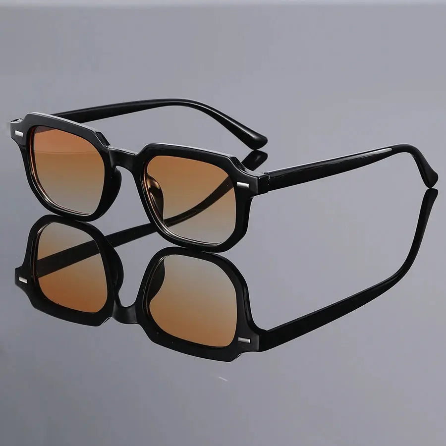 Men's square-frame glasses, black plastic frame with brown gradient lenses for daily wear