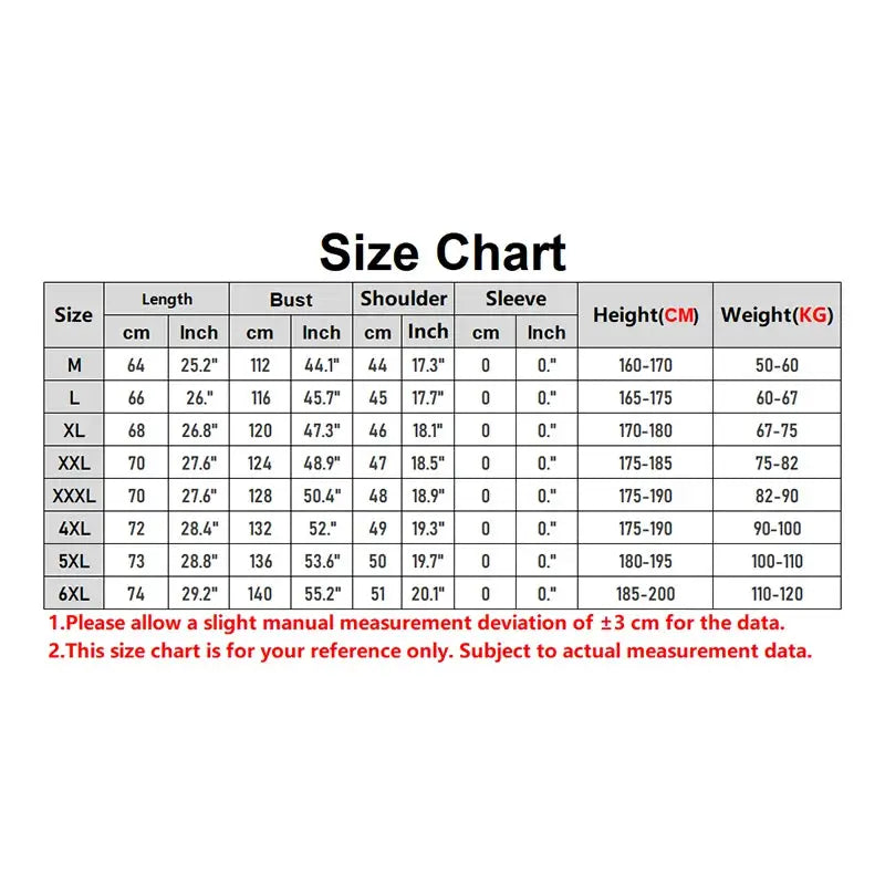 Men's outdoor multi-pocket vest size chart with sizes M to 6XL