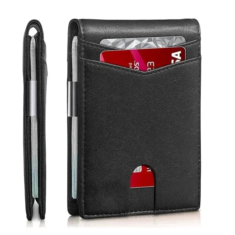 Slim RFID carbon fiber men’s wallet with front card slots in black.