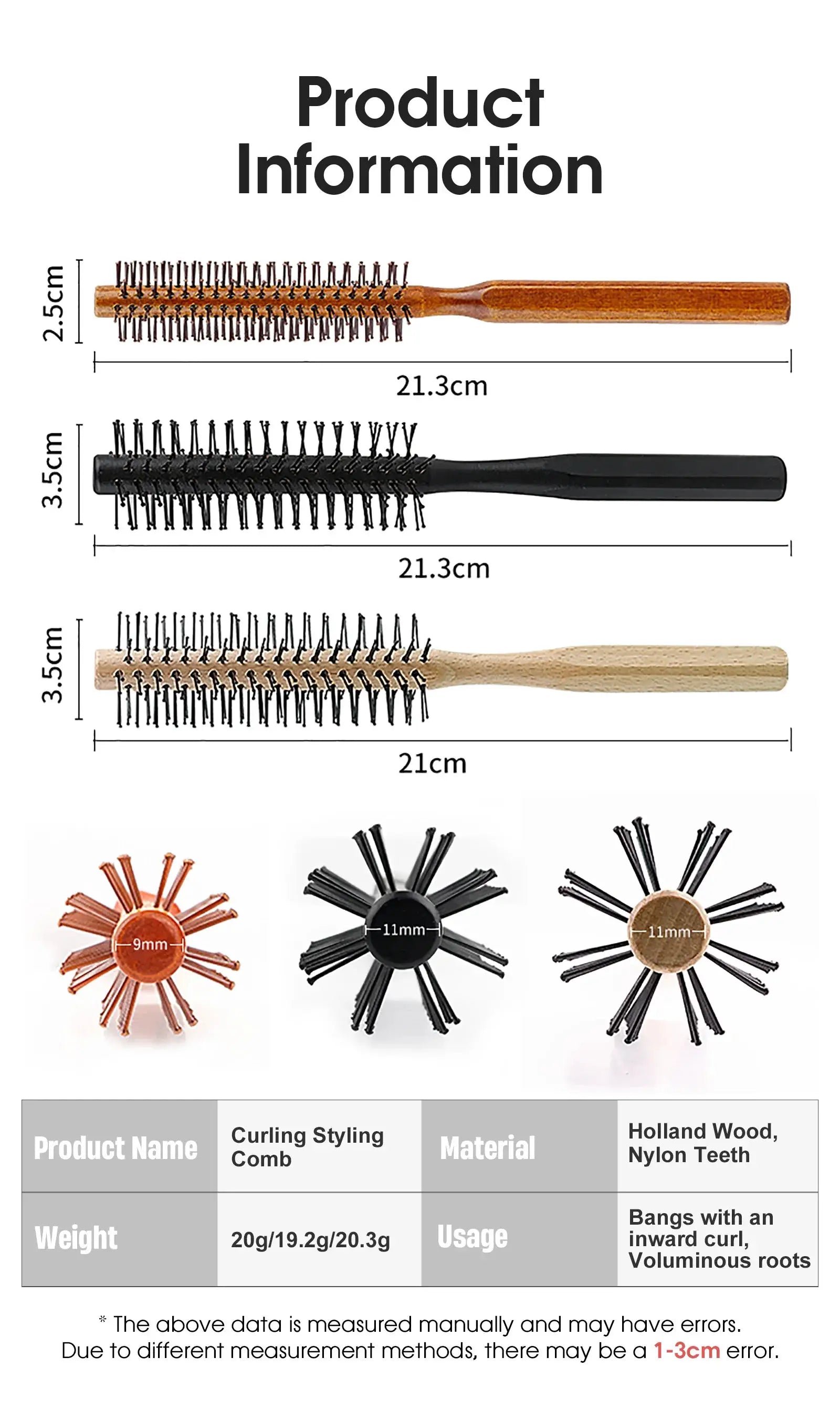 Simples Market wooden-handle curling styling combs with nylon teeth; natural, black and light wood handles in multiple sizes