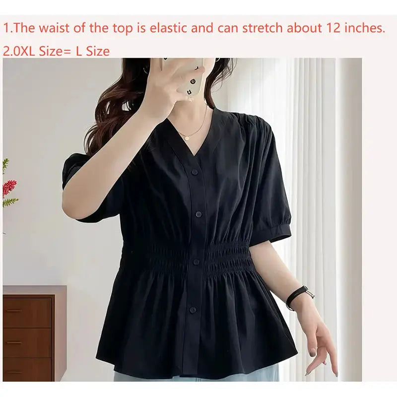 Plus Size Elastic Waist V Neck Puff Sleeve Blouse For Summer