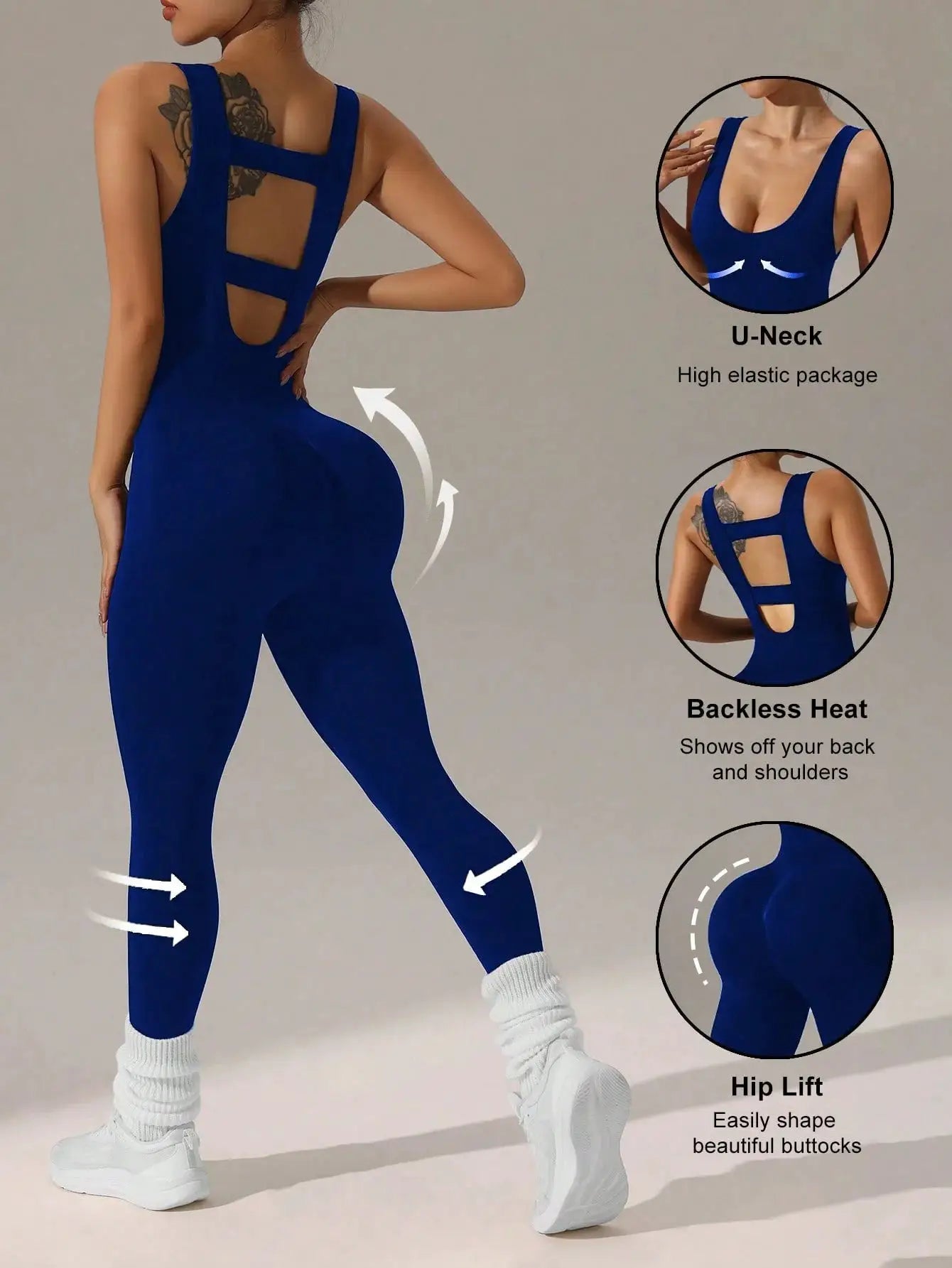 Simples Market women's blue vest-style jumpsuit with hollow back design and elastic soft fabric