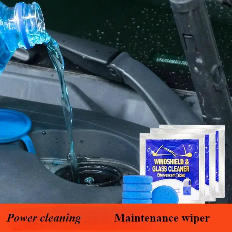 Car windshield glass washer tablets by Simples Market; blue effervescent tablets, 3-pack sachets beside the reservoir