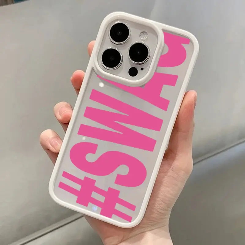 Phone case SWAG bold lettering by Simples Market, white bumper with pink back lettering for iPhone