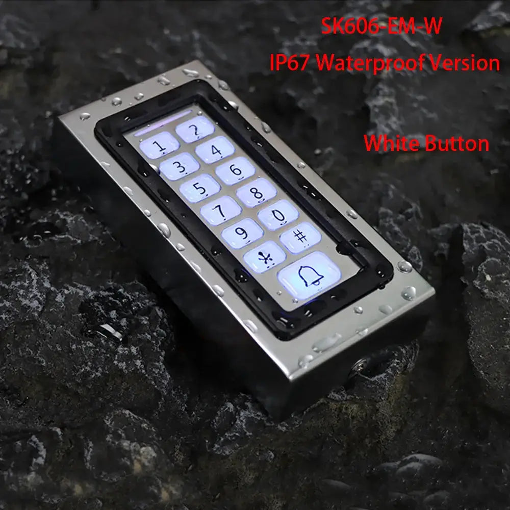 LED backlit metal keypad by Simples Market with Wiegand RFID reader, white buttons, 125kHz proximity.