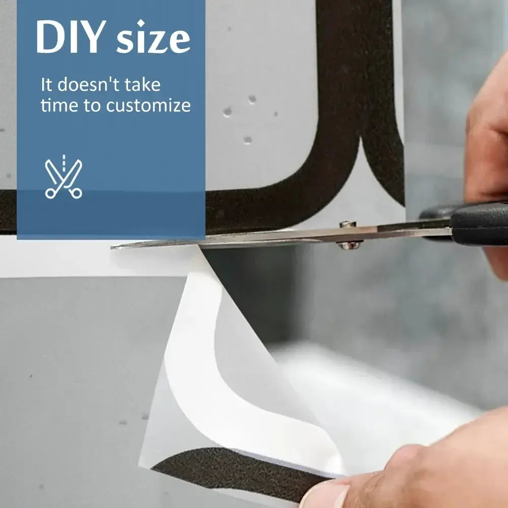Bathroom shower curtain being trimmed with scissors; white PE EVA fabric.