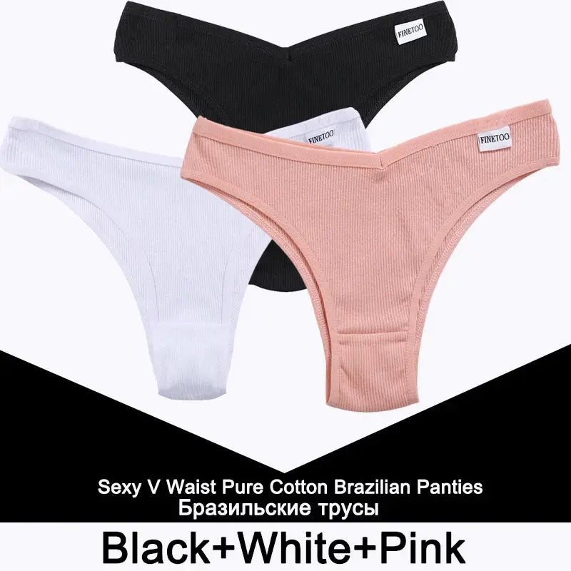 FINETOO 3-pack cotton thong panties for women in black, white, and pink; ribbed low-rise underwear