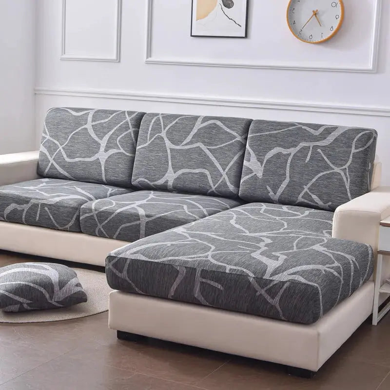 Grey floral print stretch sofa slipcovers for L-shaped sectional