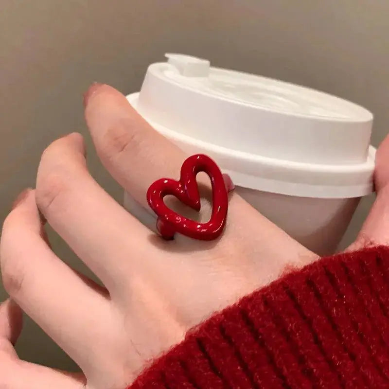 LATS White Red Enamel Heart Ring For Women And Girls Geometric Dripping Oil Y2K Opening Ring Jewelry Gift Wholesale
