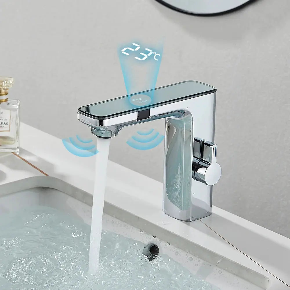 White Simples Market smart sensor basin faucet with digital display and touchless hot-cold water mixer for bathroom