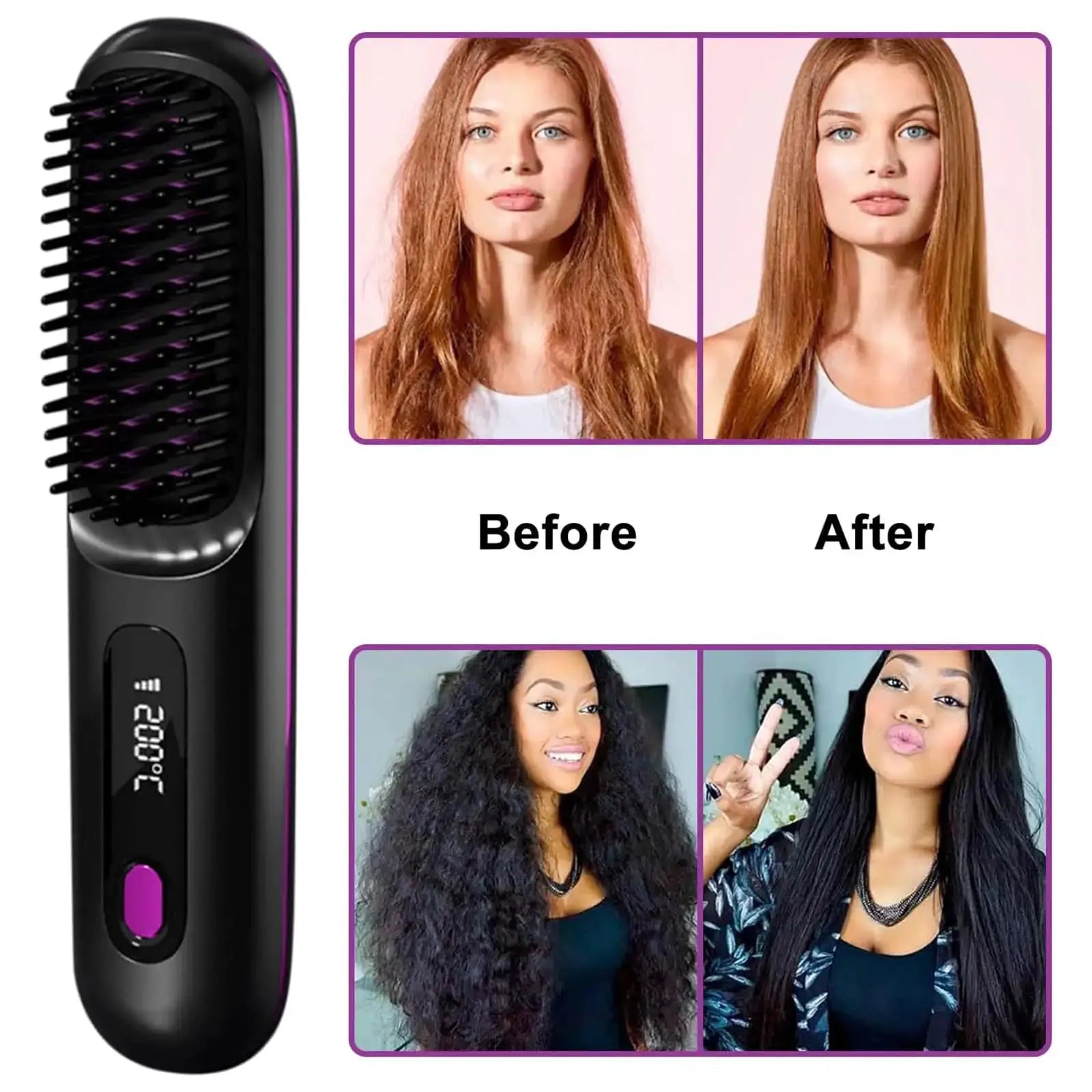 Simples Market USB charging cordless hair straightening brush with ceramic coating, LED display, black with purple accents