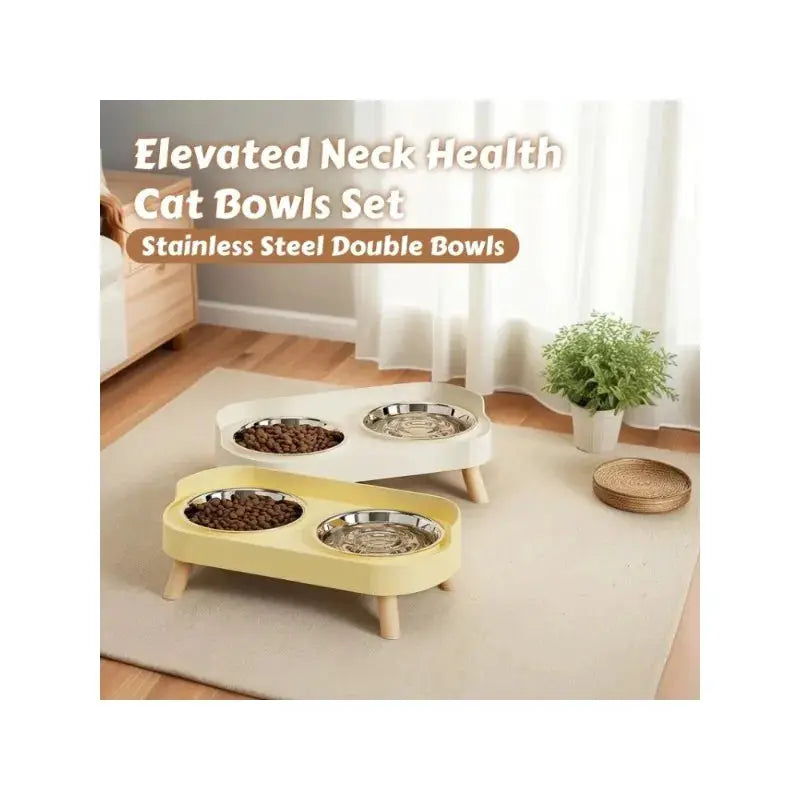 Simples Market elevated neck pet food and water station with dual stainless steel bowls, white and yellow (2-pack)