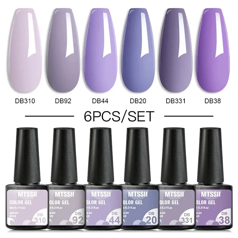 6-piece MTSSII color gel nail polish set in lavender to purple shades