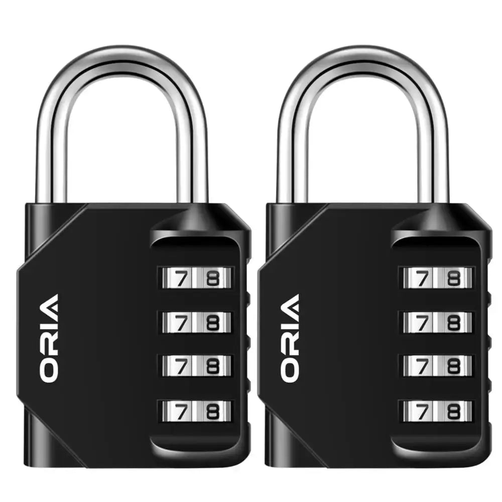ORIA 4-digit combination padlocks 2-pack, black metal bodies with four-number dials and silver U-shaped shackles