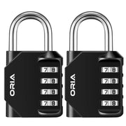 ORIA 4-digit combination padlocks 2-pack, black metal bodies with four-number dials and silver U-shaped shackles