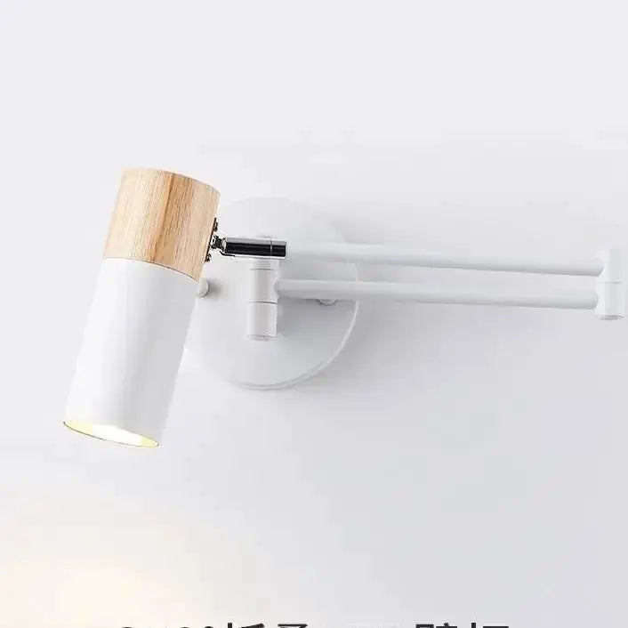 Simples Market modern wall lamp with rocking arm, white metal shade and natural wood accent.