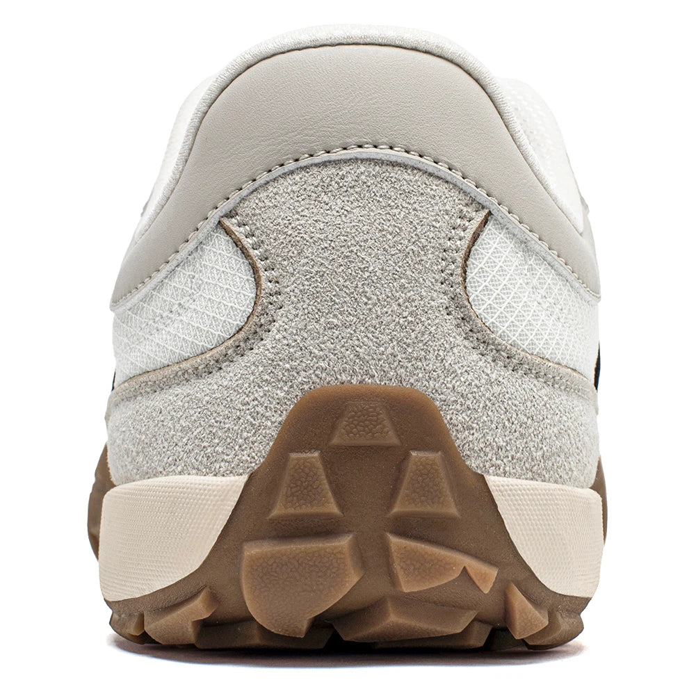 HOBIBEAR wide-width hiking shoes, beige suede and white mesh, brown rugged outsole.