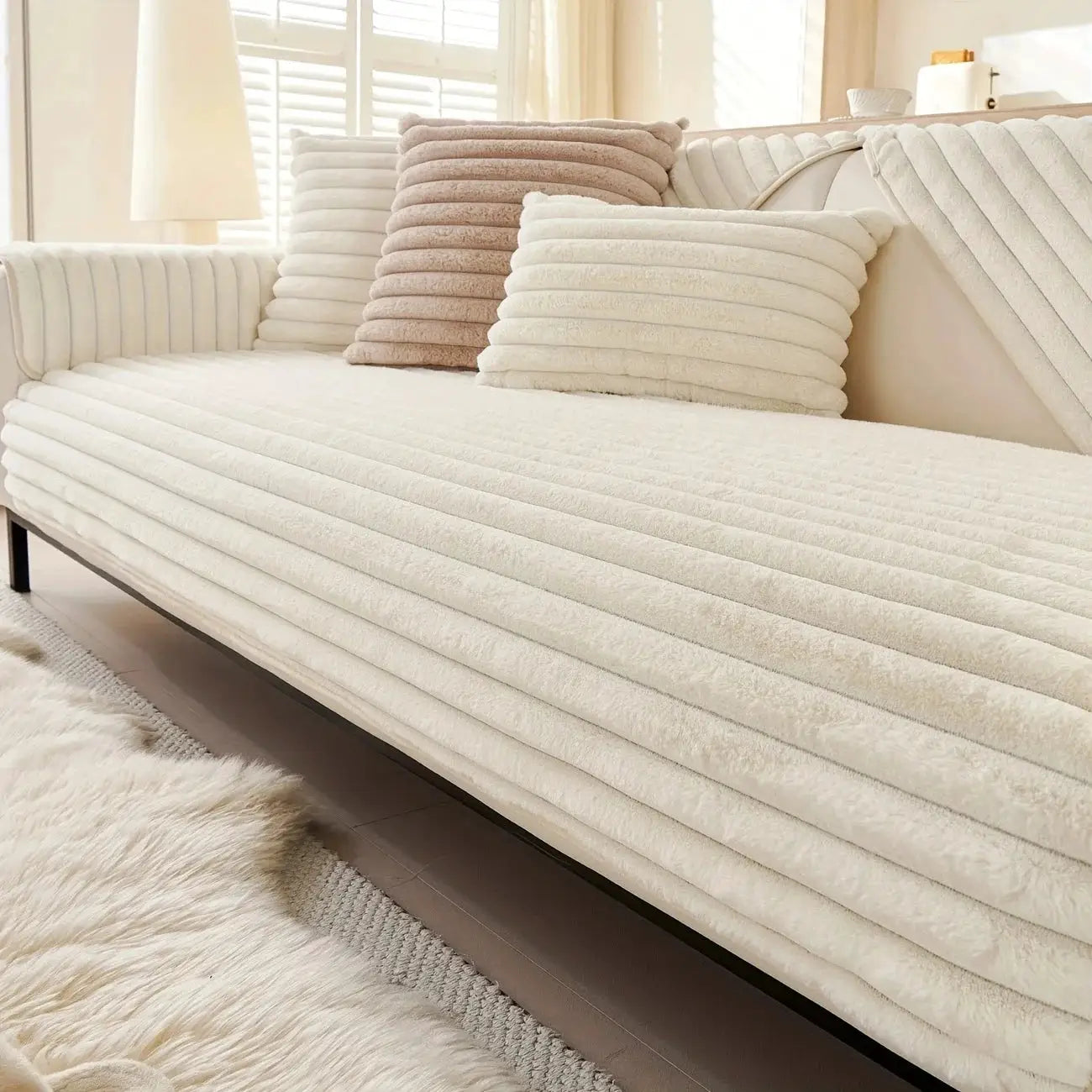 Sofa cover by Simples Market, thick plush striped rabbit fur, cream color, non-slip