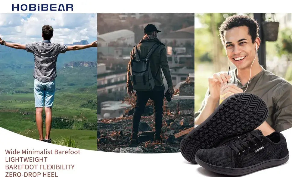 HOBIBEAR unisex barefoot shoes, black wide-toe minimalist trail footwear, lightweight and breathable