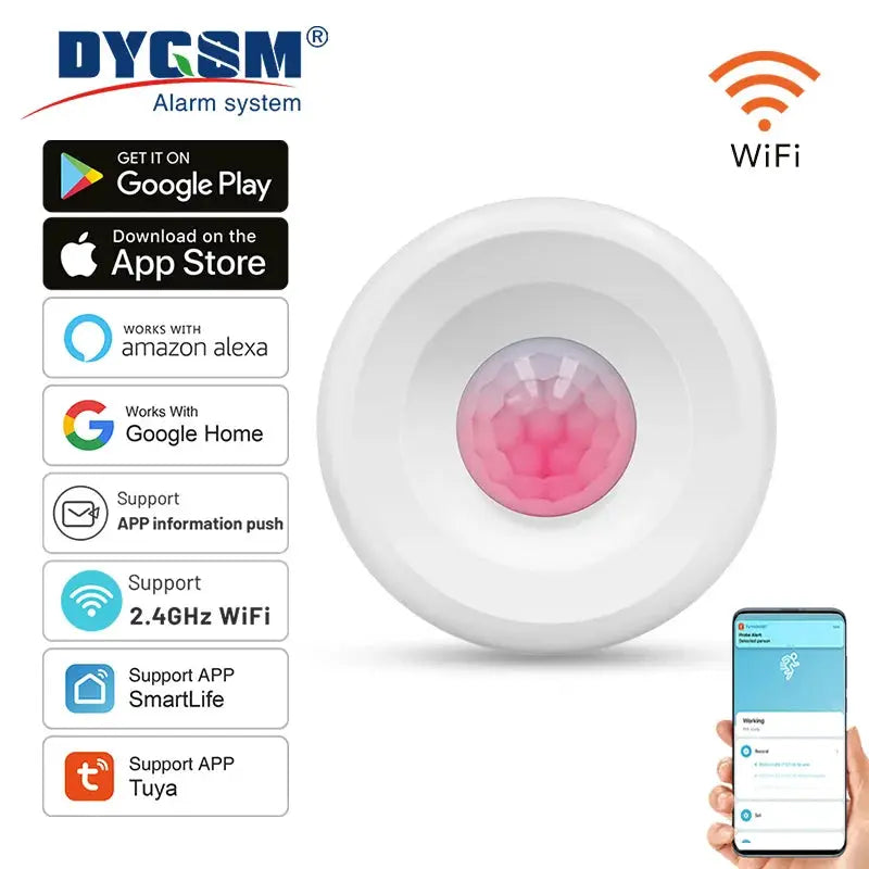 Tuya WiFi smart PIR motion sensor, white circular housing with pink dome; works with Alexa, Google Home, SmartLife