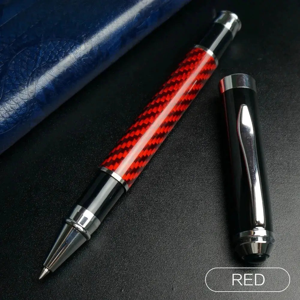 Carbon Fiber Signature Pen with red patterned barrel and black chrome ends; cap shown, 0.5mm gel ink
