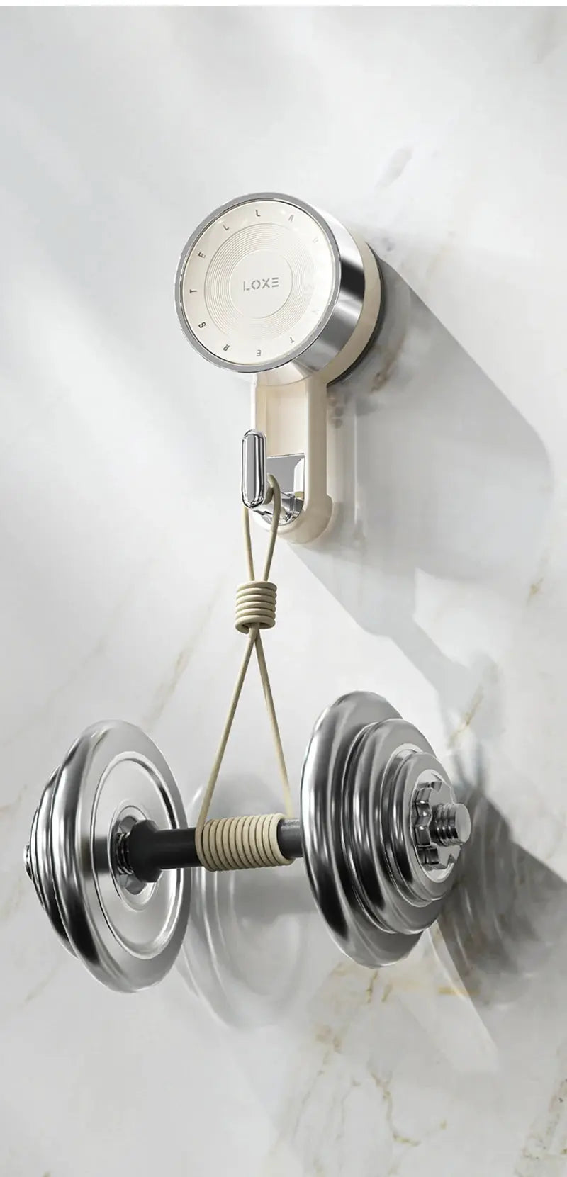 Bathroom wall hook with suction cup on beige mounting bracket and chrome double hooks for towels or keys.