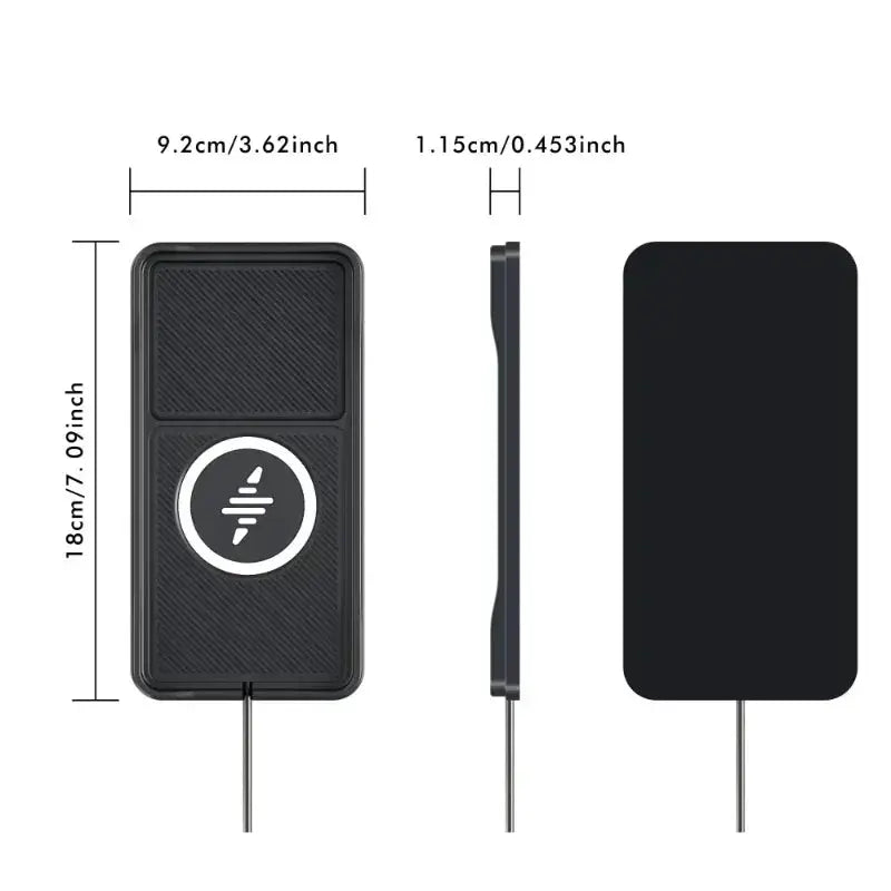 Car wireless charging pad with USB cable; black rectangular base, 18.0 x 9.2 cm, 1.15 cm thick