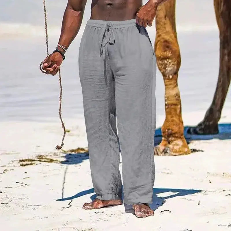 Men's cotton-linen jogger pants in light gray with drawstring, breathable loose-fit long trousers
