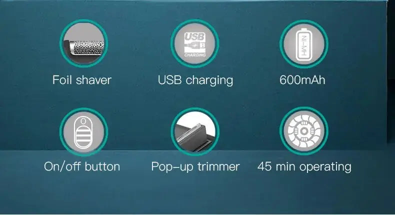 VGR electric shaver in teal packaging by Simples Market; USB charging, 600mAh battery, pop-up trimmer, 45 min operation