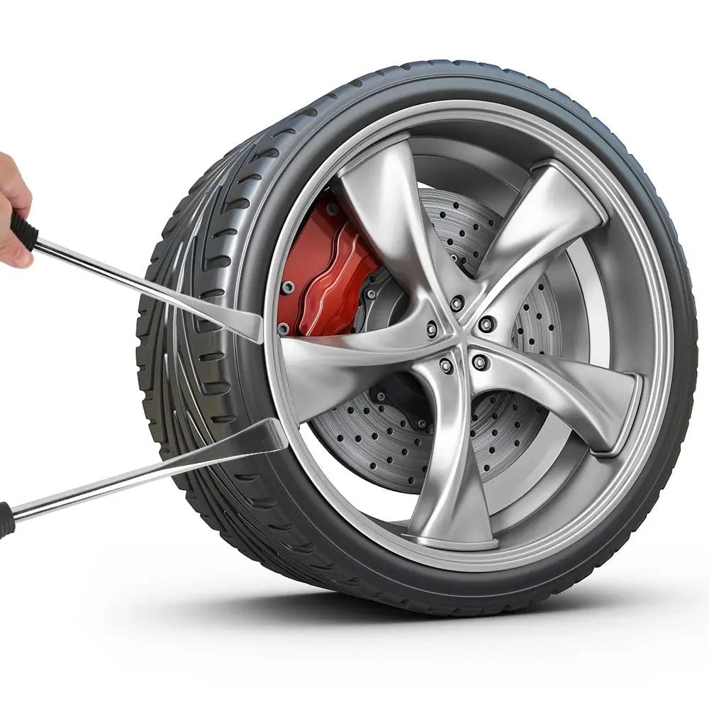 Rim Protector tire changing lever set, 2 metal silver tools used on a wheel with red brake caliper