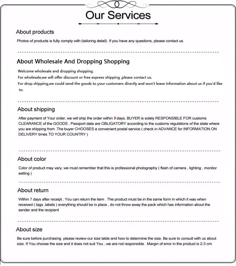 Our Services page with headings for About products, About shipping, About color, About return, About size.