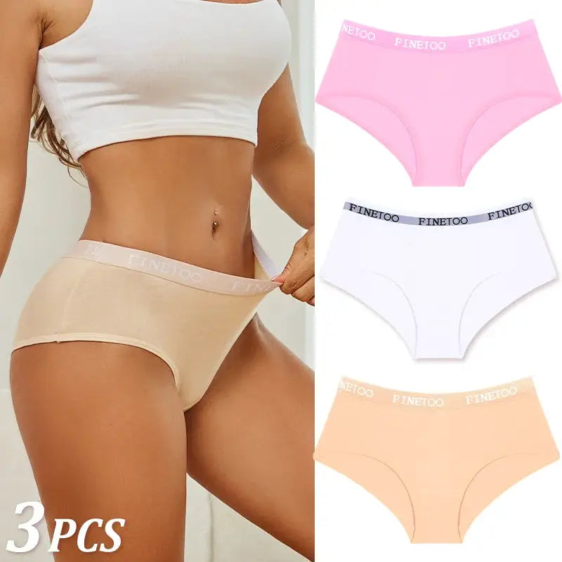 3-piece women's cotton briefs set by FINETOO in peach, pink, white; breathable underwear
