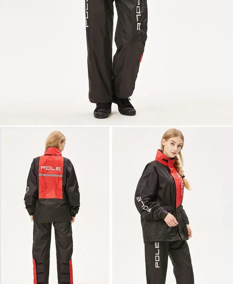 POLE motorcycle raincoat set in black with red panels, breathable waterproof with reflective accents.