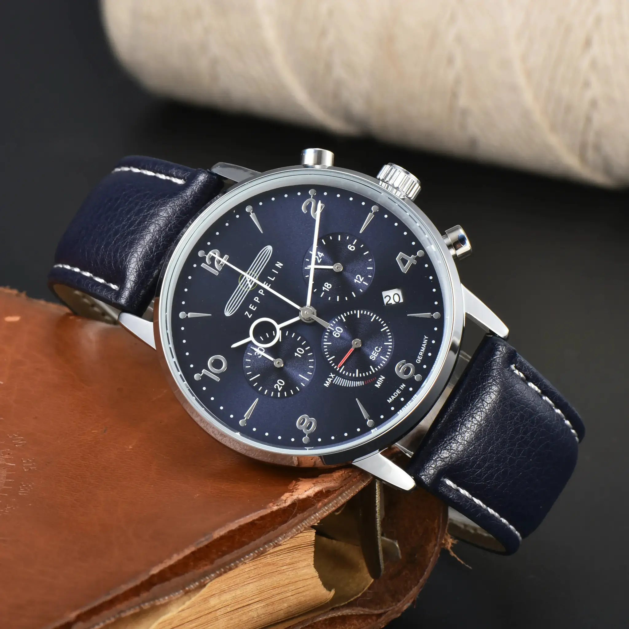 Zeppelin automatic date chronograph watch with blue dial and blue leather strap