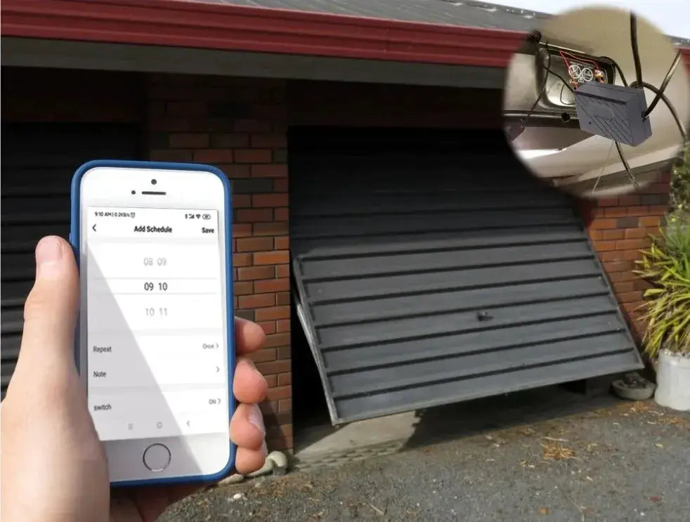 Smart garage door opener controller, smartphone shows Tuya Smart Life app controlling the door, supports Alexa & Google