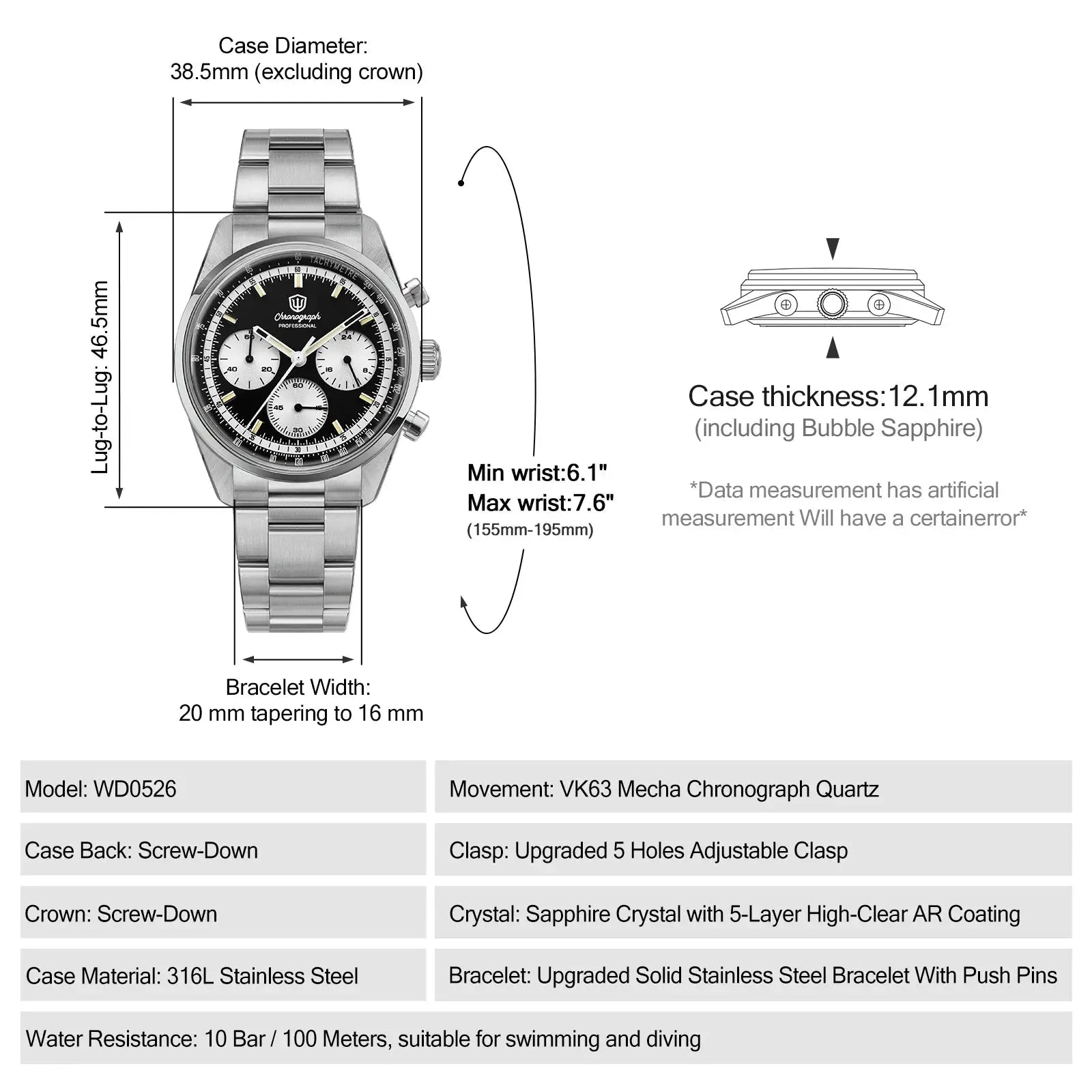 Watchdives WD0526 VK63 Mecha Quartz Chronograph watch, stainless steel, 38.5mm, sapphire crystal, 100M water resistant