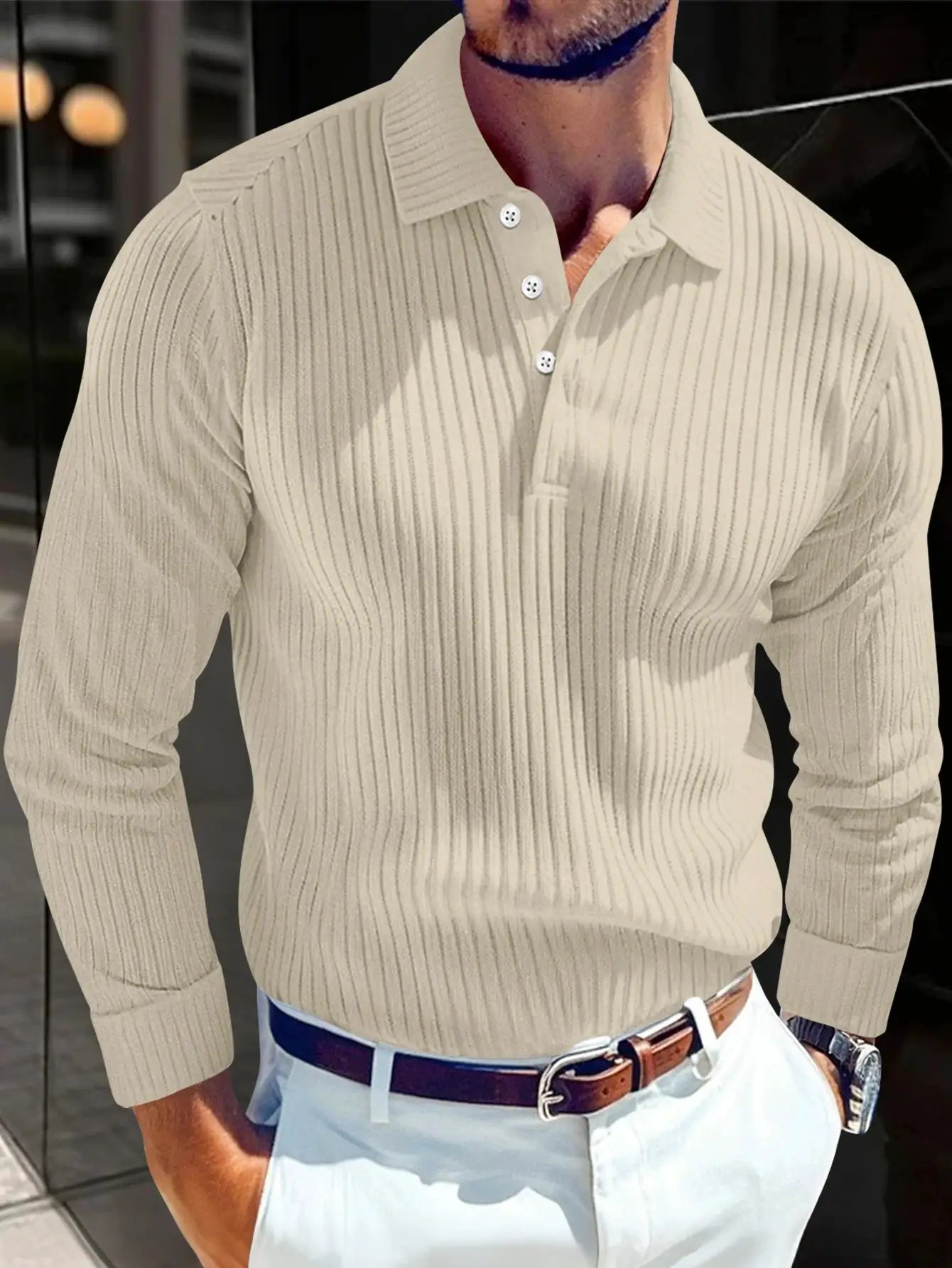 Men's beige ribbed long-sleeve polo shirt, casual business style
