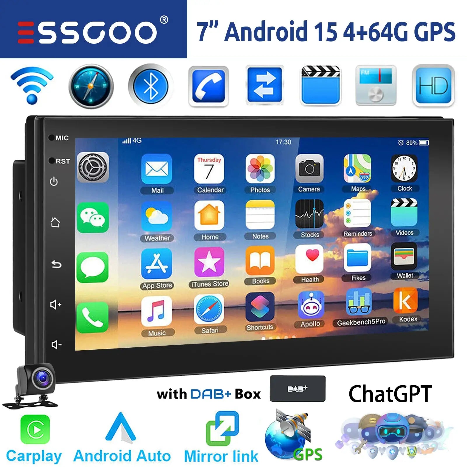 ESSGOO 7-inch 2-DIN Android car stereo with CarPlay, Android Auto, GPS and Bluetooth touchscreen